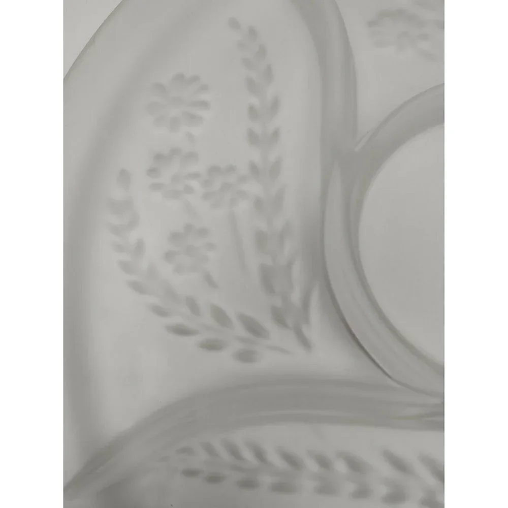 Vintage Large Frosted Glass Carved Flowers & Leaves 4 Slots Tray Serving Platter